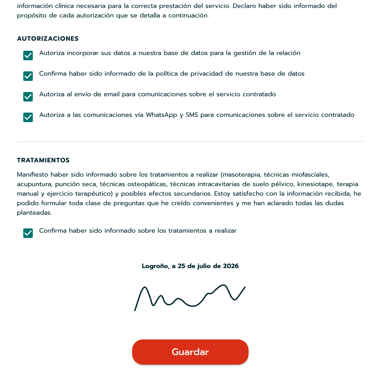 Documento de consentimiento firmado en Zyra, con todas las autorizaciones aceptadas
