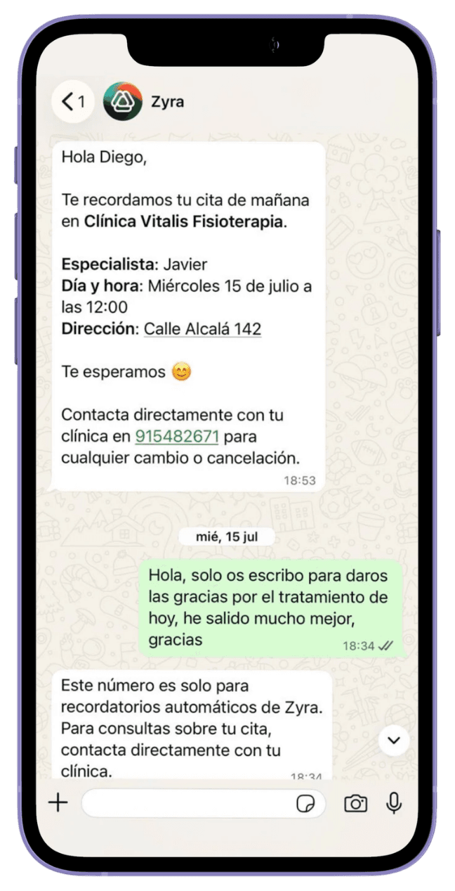 Recordatorio de cita por WhatsApp en Zyra